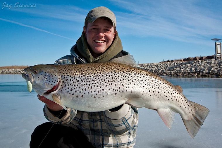 Young man on ice-covered lake holding large brown trout fish caught while ice fishing.