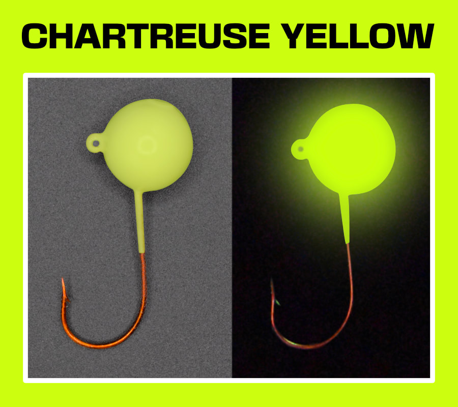 Chartreuse yellow super glow and Pout Pounder jigs