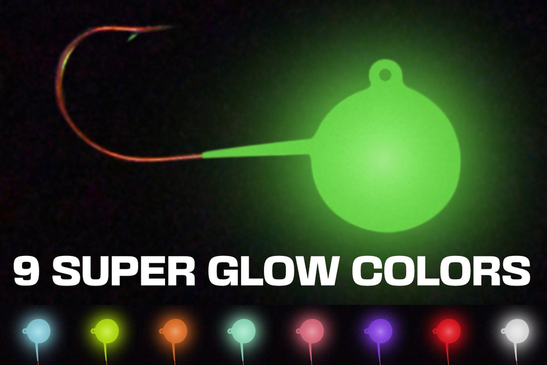 Super Glow and Pout Pounder Jigs in red and blue glow.