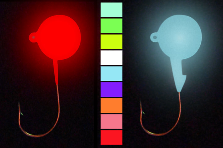 Super Glow and Pout Pounder Jigs in red and blue glow.