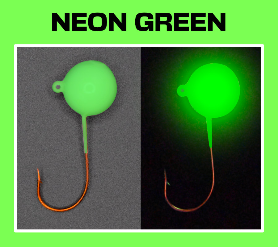 Neon Green super glow and Pout Pounder jigs